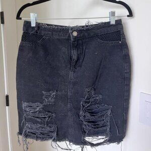 Zara Basic - Black Denim Distressed Knee-length Skirt
